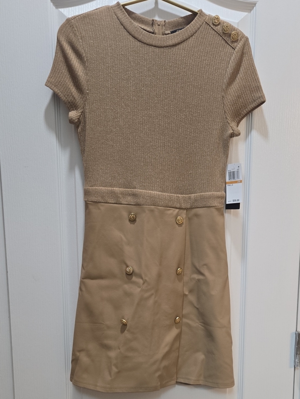 Womens Tan Short Sleeve Knit & Faux-Leather Button Dress